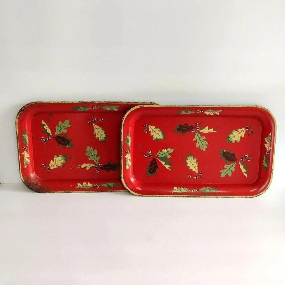 Vintage Acorn Oak Leaves Rustic Tin Serving Trays Red Green Wall Hanging Decor